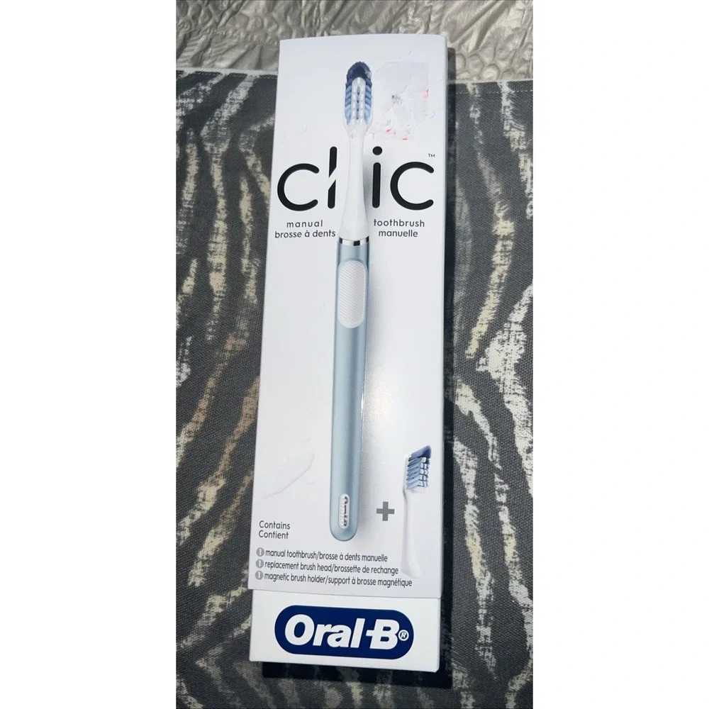Oral-B Clic Manual Toothbrush Aqua Blue Metal Handle Magnetic Holder NIB